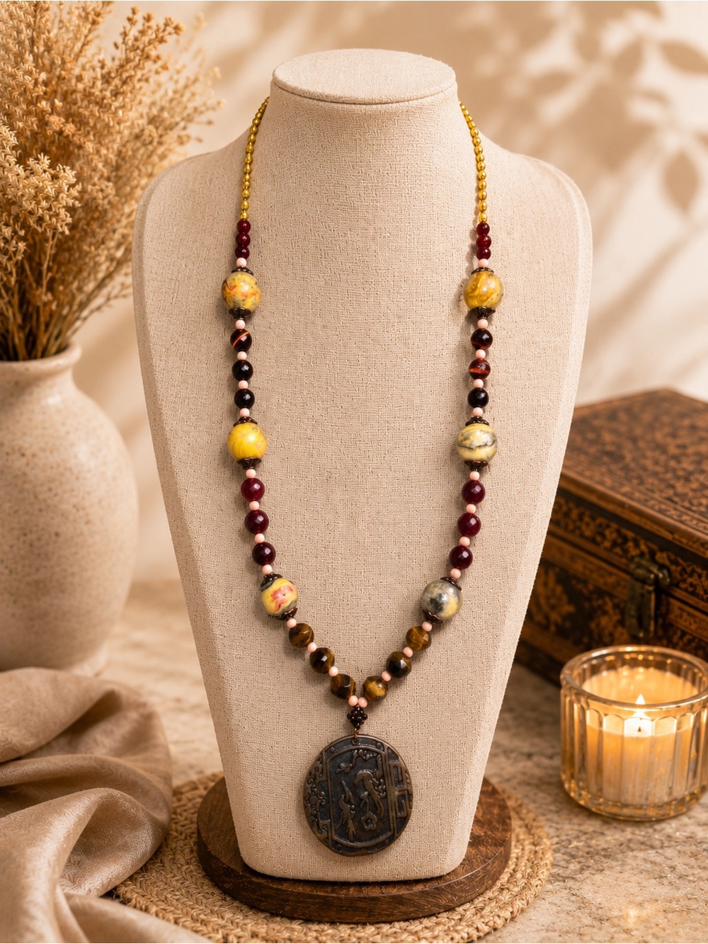 Handcrafted  Yellow Jade, Coral, Tigers Eye, pearl, carnelian, Carved  Pendant. - Picture 4 of 8